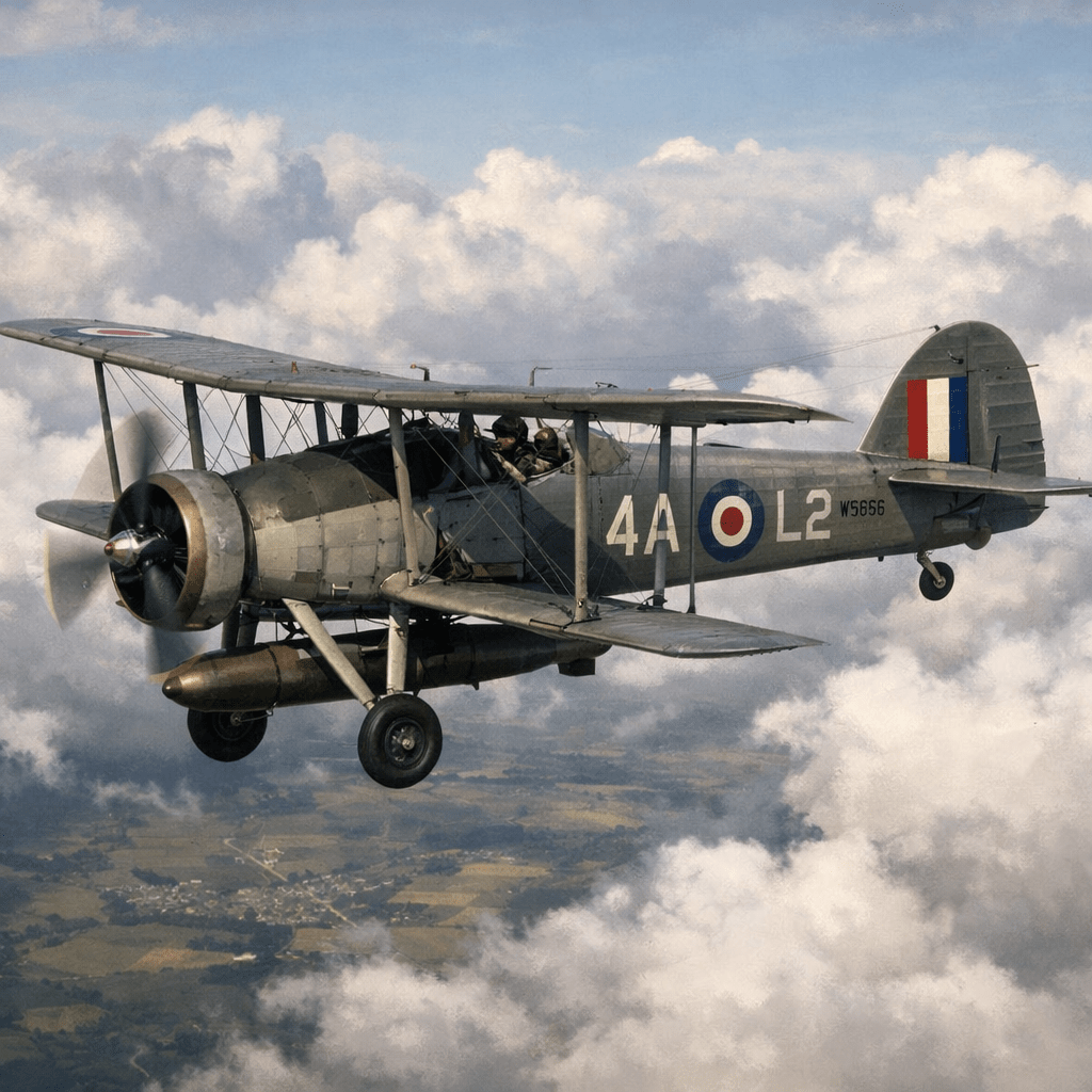 World War II era RAF biplane flying above clouds with pilot visible