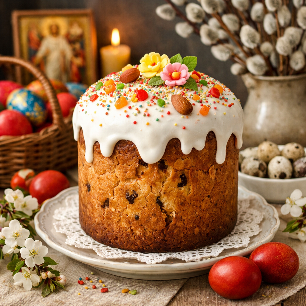 Easter cake with white icing, colorful sprinkles, almonds, and flower decorations