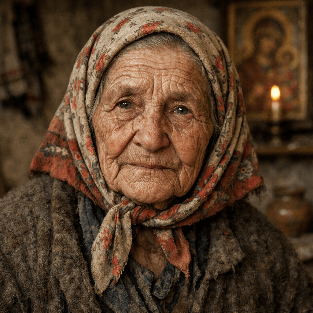 Elderly woman with deep wrinkles wearing a floral patterned headscarf and a wool coat