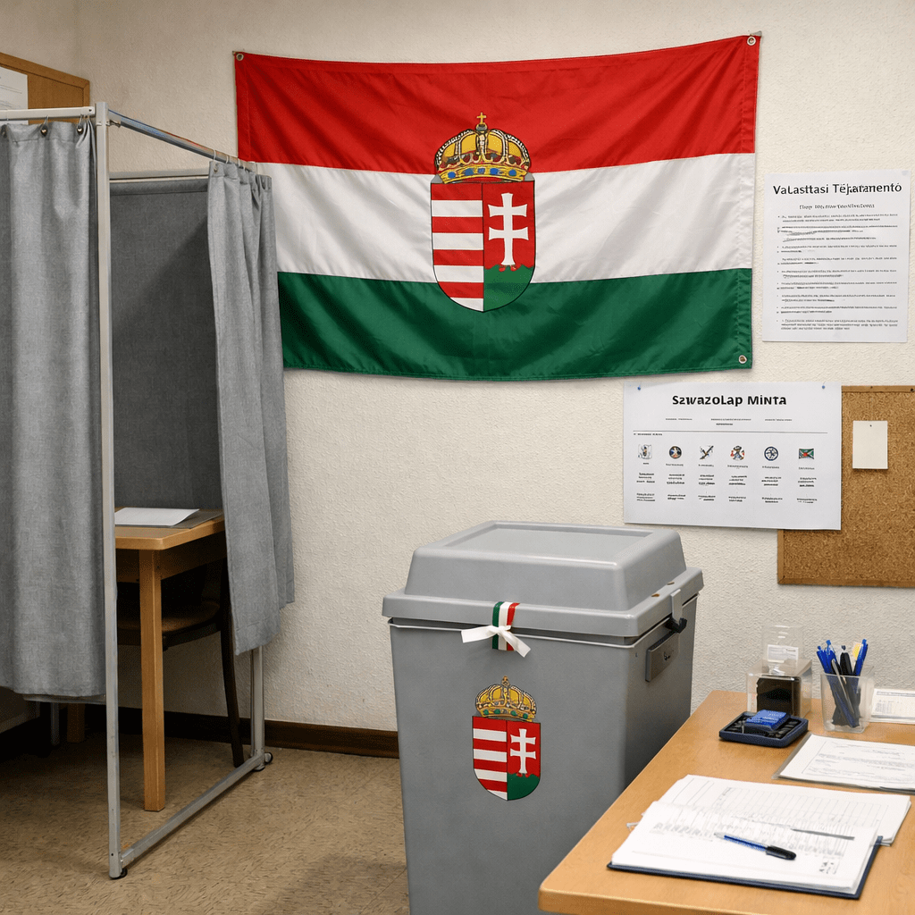 Voting booth and ballot box with Hungarian flag and informational posters