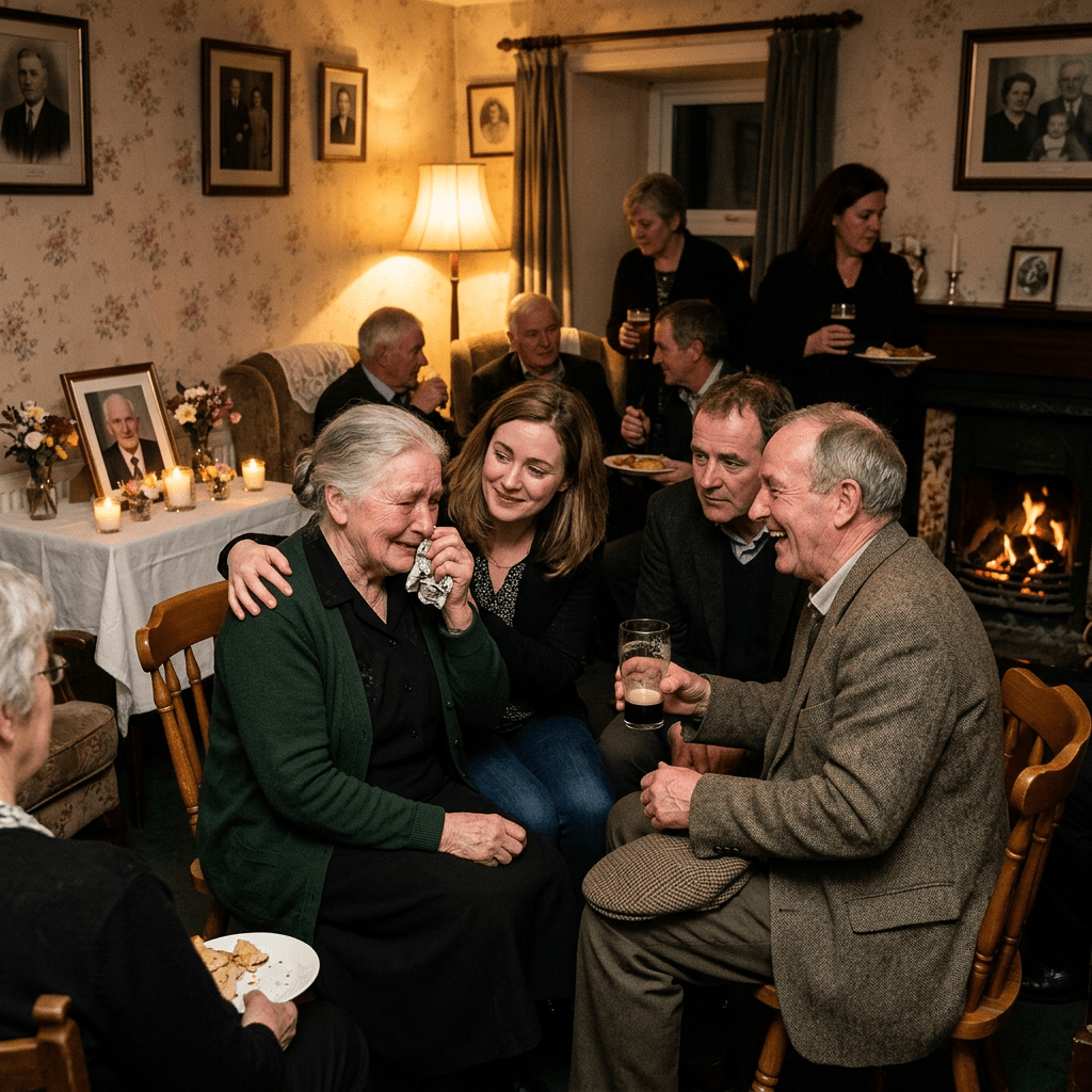 Family members consoling elderly woman near memorial photos and candles in living room
