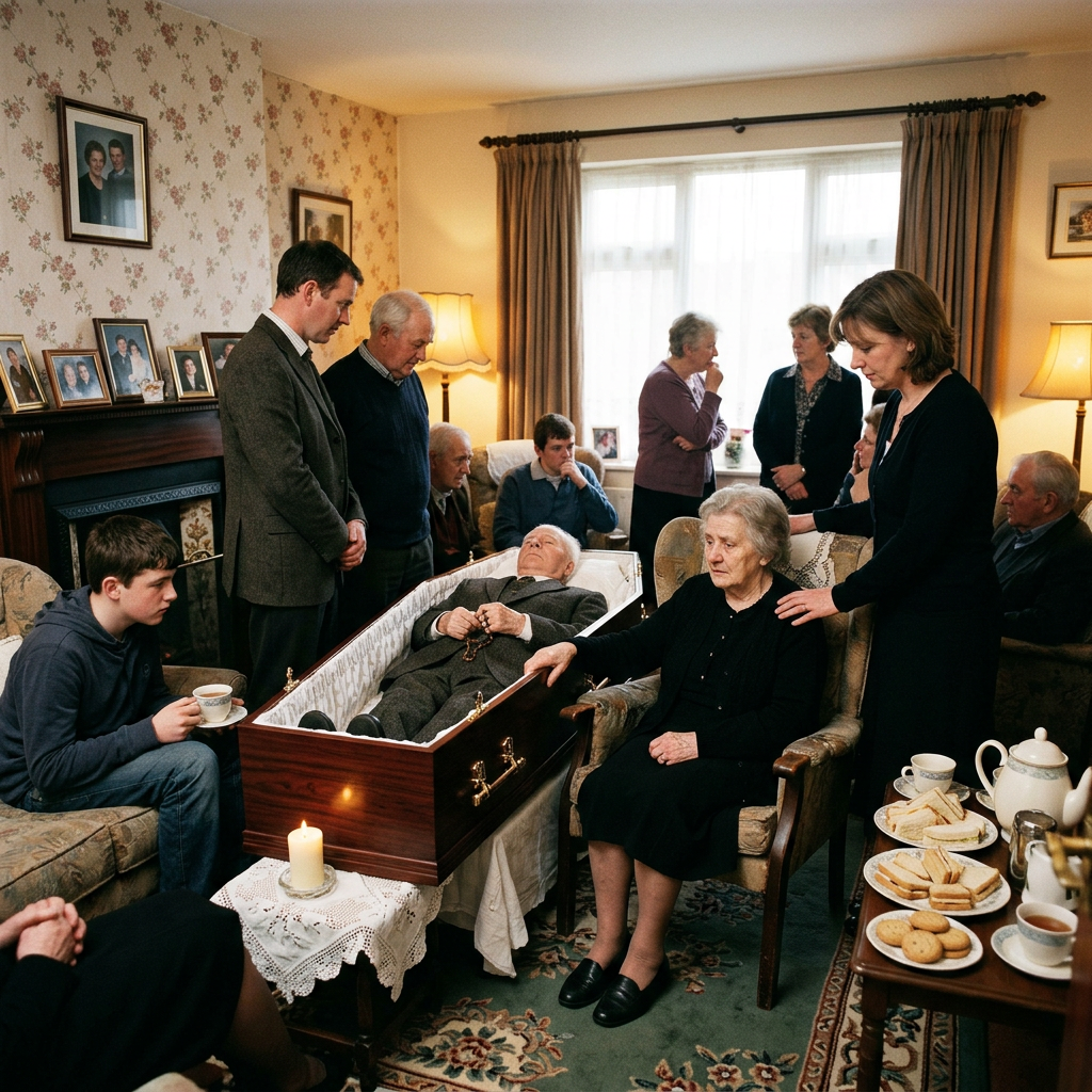 Family members mourning around an open coffin in a living room