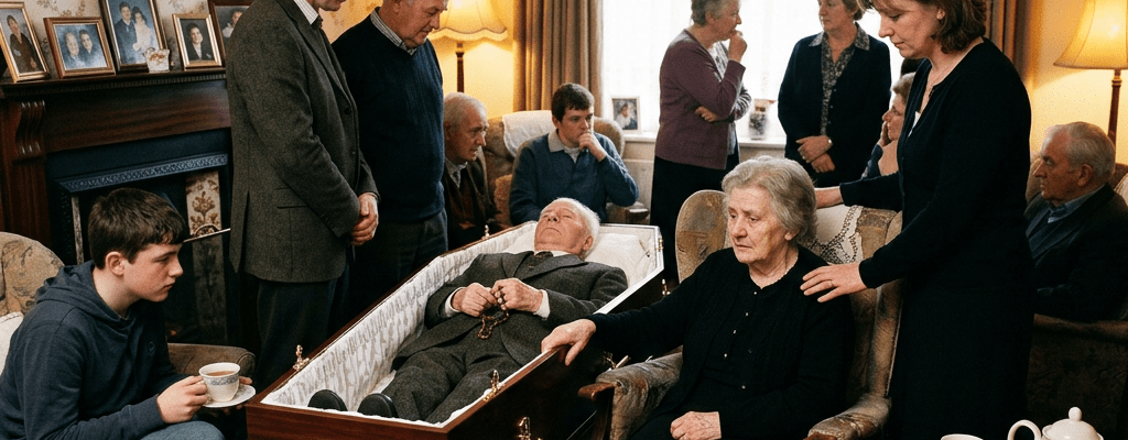 Family members mourning around an open coffin in a living room