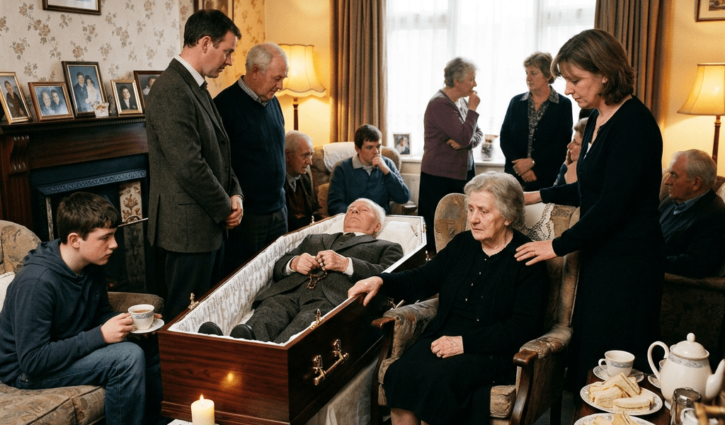 Family members mourning around an open coffin in a living room