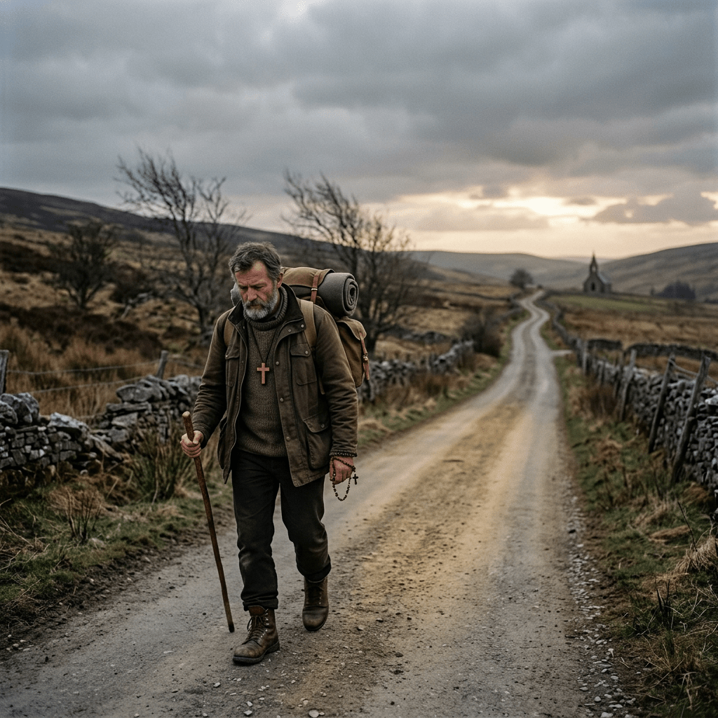 Man walking on a rural dirt path with backpack and walking stick holding rosary beads