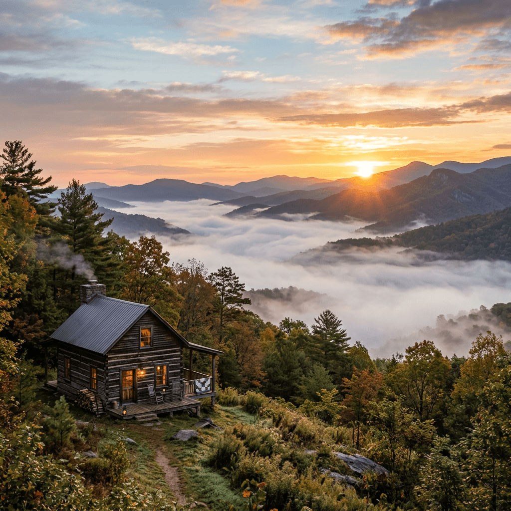 Cabin on hillside with smoke from chimney overlooking mist-filled valley and sunrise