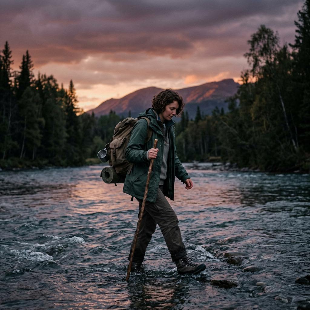 Lonely traveler crossing river at dusk