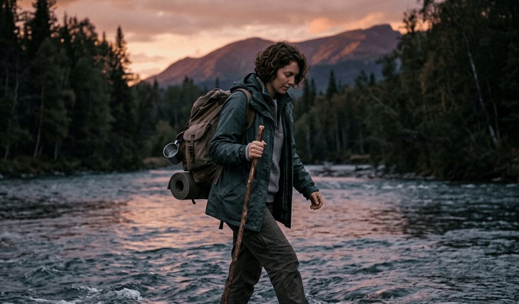 Lonely traveler crossing river at dusk