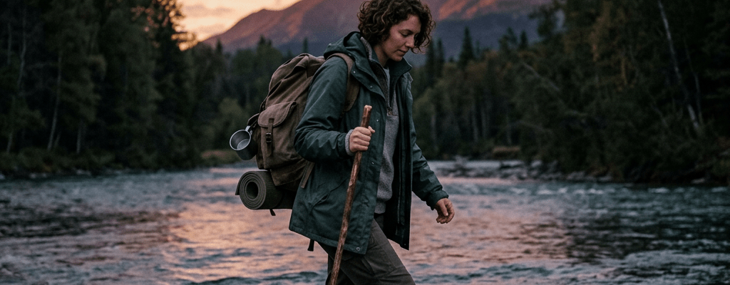 Lonely traveler crossing river at dusk