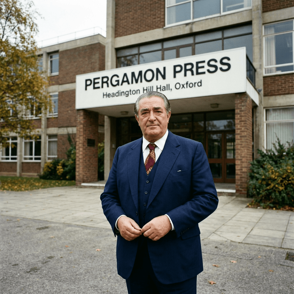 Man in blue suit standing in front of Pergamon Press Headington Hill Hall Oxford sign