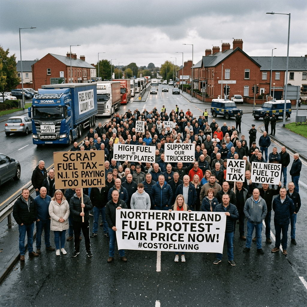 Crowd of Northern Ireland protesters holding signs against high fuel tax and calling for support for truckers