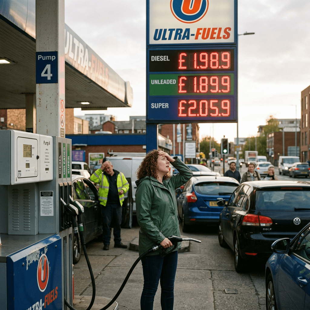 Woman holding fuel pump at petrol station with high fuel price board