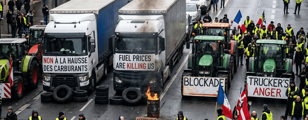 Protesters and trucks block a city street holding signs against fuel price hikes