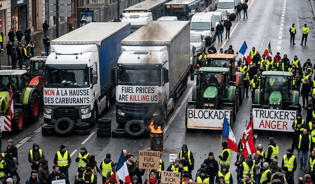 Protesters and trucks block a city street holding signs against fuel price hikes