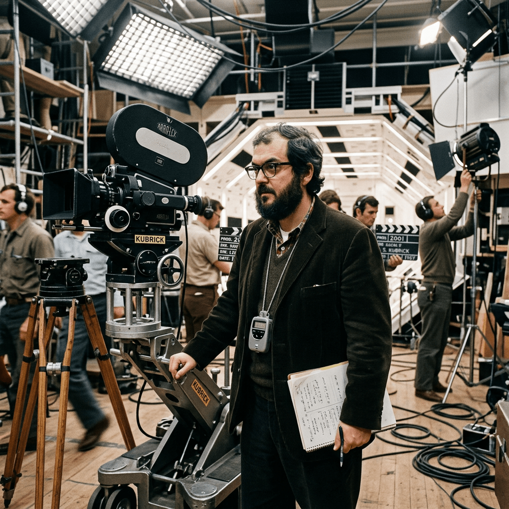 Stanley Kubrick standing next to a film camera labeled Kubrick on a movie set