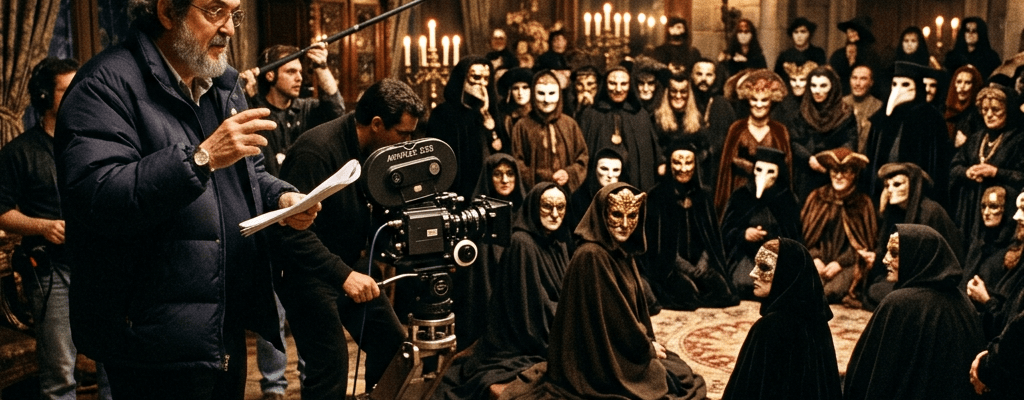 Film director with script and camera crew overseeing actors in masks and cloaks in ornate room