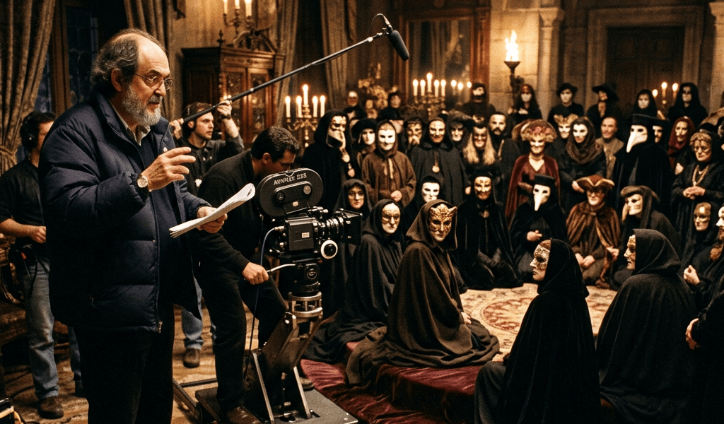 Film director with script and camera crew overseeing actors in masks and cloaks in ornate room