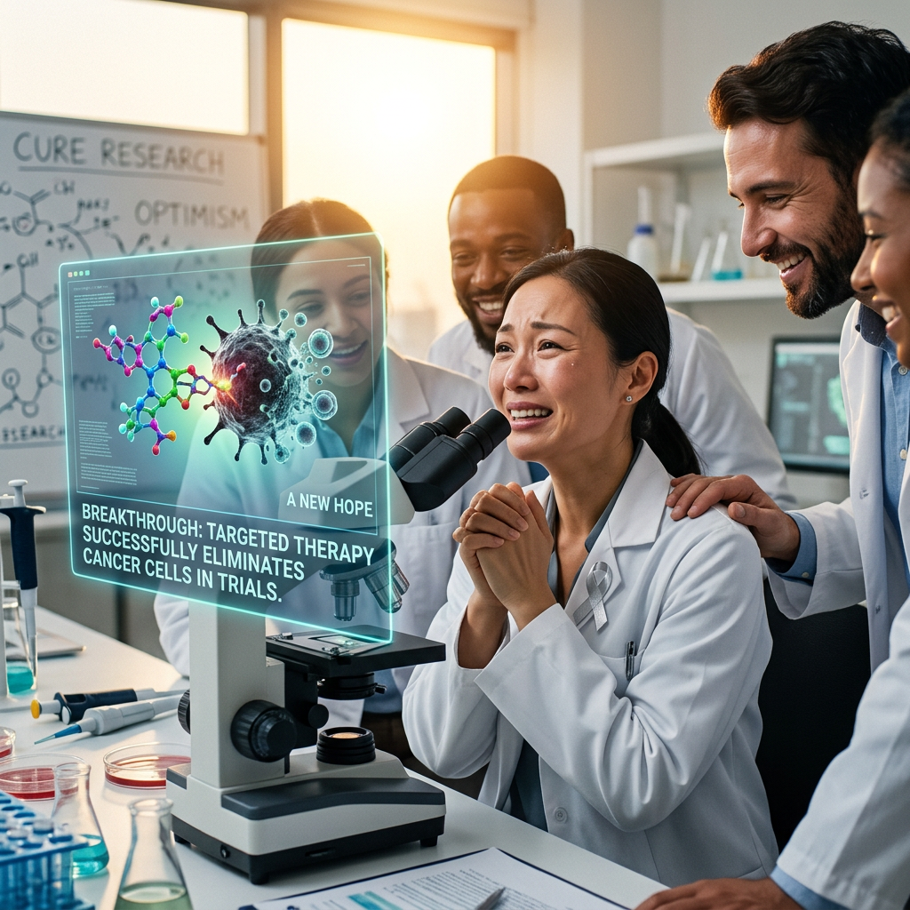 Scientists in lab coats celebrating successful targeted cancer therapy