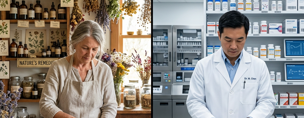 Woman preparing herbal remedies and man organizing pharmaceutical medication bottles