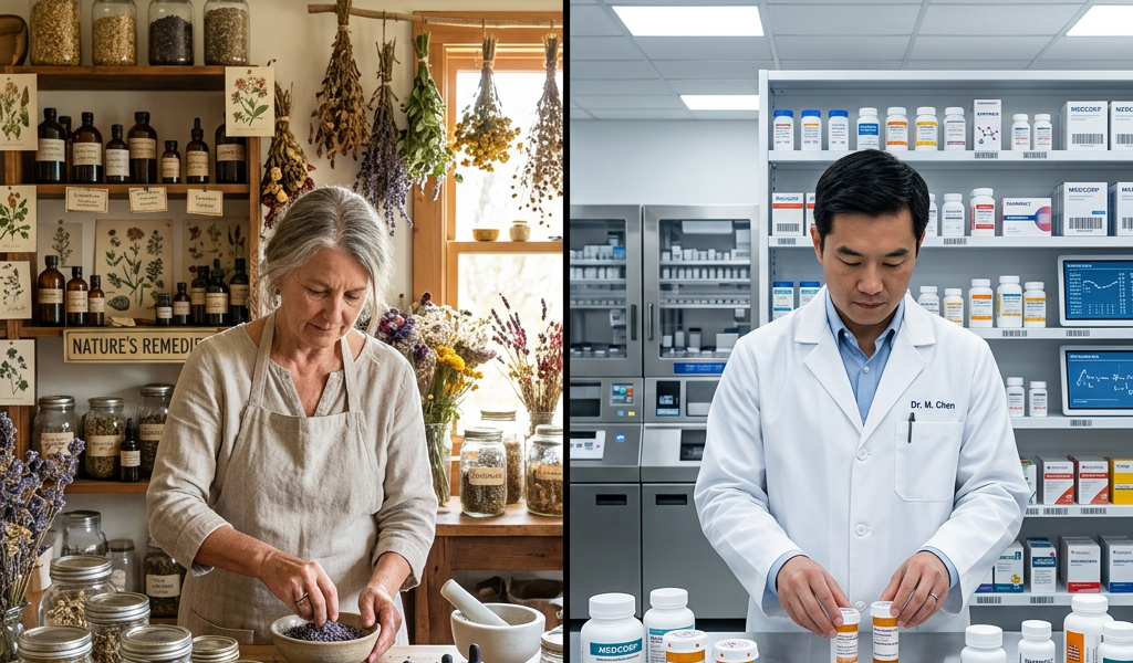 Woman preparing herbal remedies and man organizing pharmaceutical medication bottles