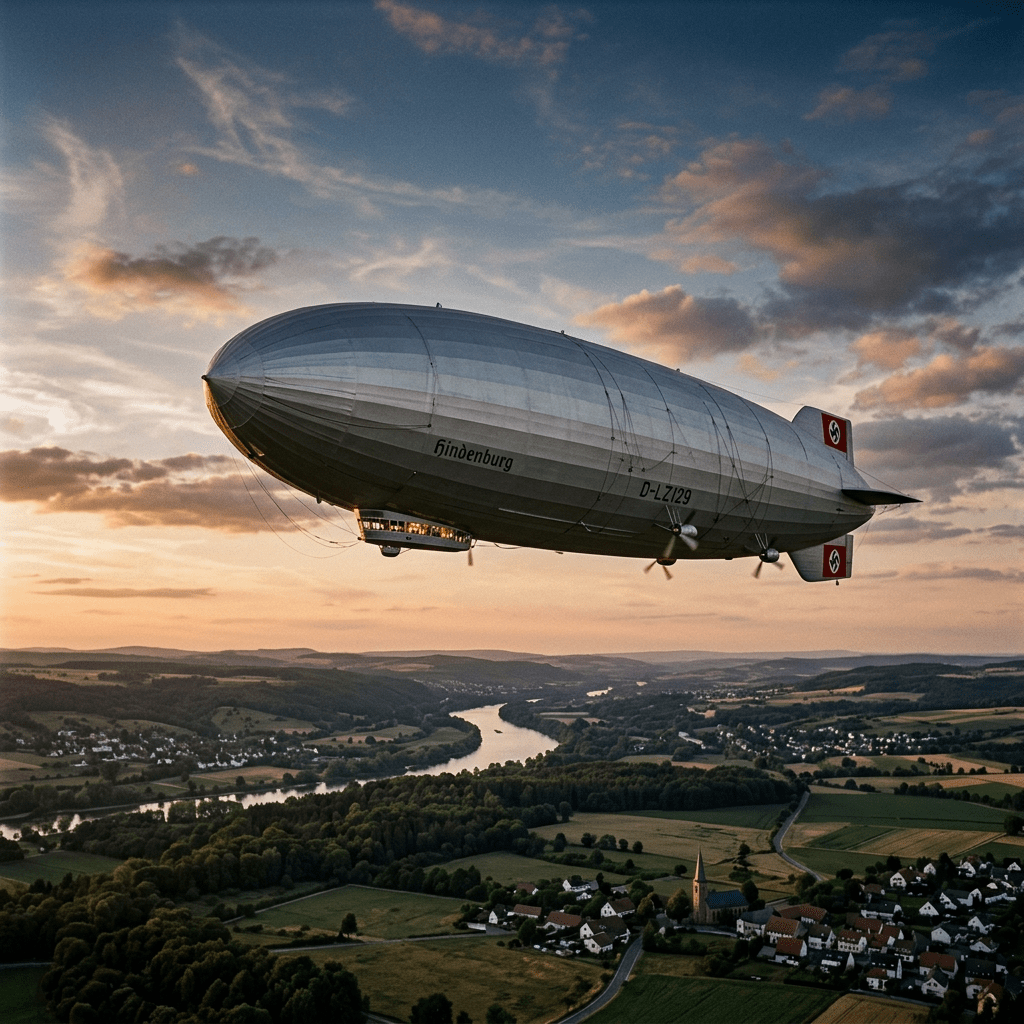 Hindenburg airship flying over rural landscape at sunset