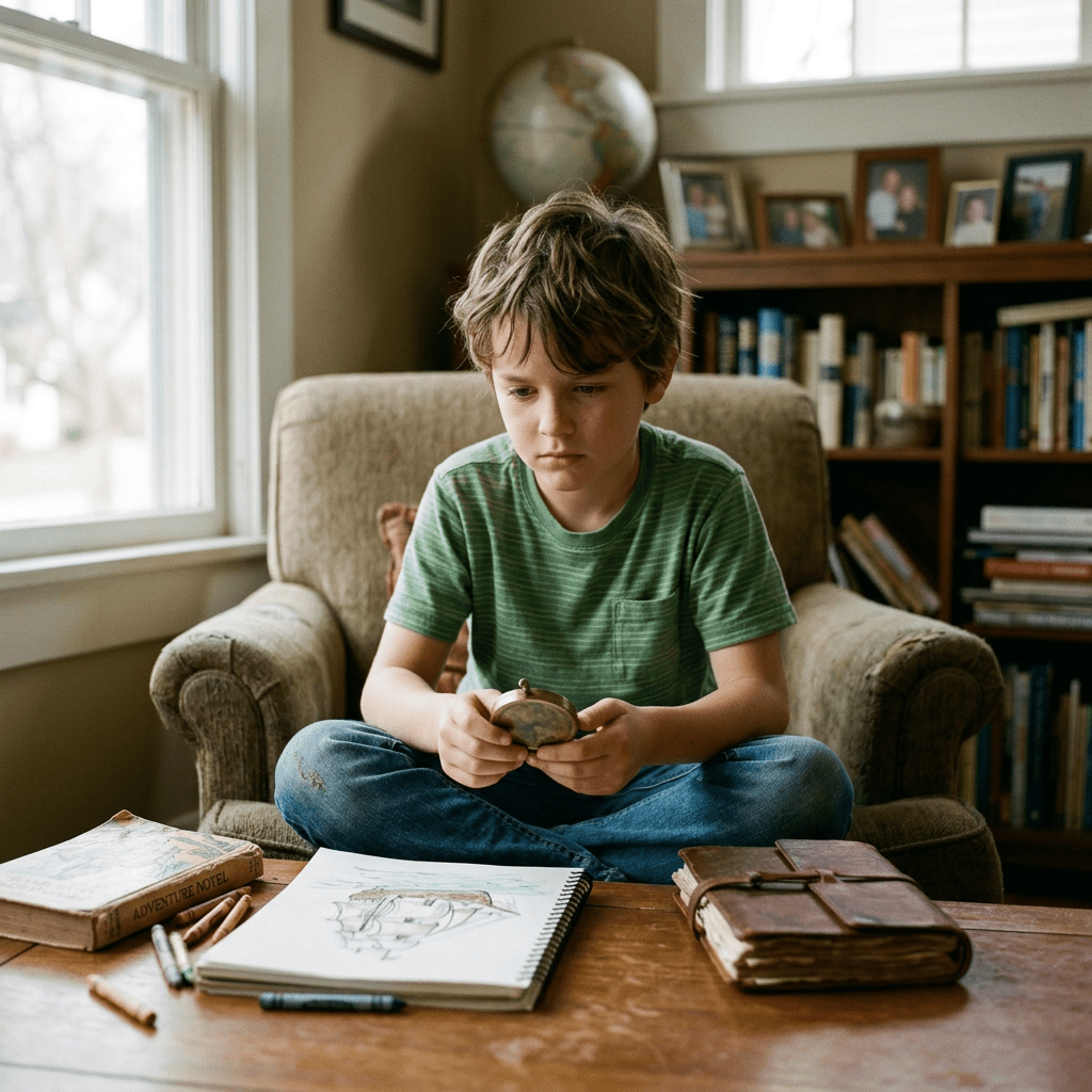 Child sitting cross-legged on a chair holding a vintage compass with sketchbook and books on table