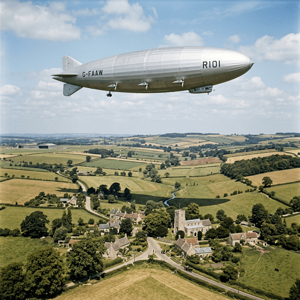 The R101 airship flying low over a small village and green fields under a partly cloudy sky