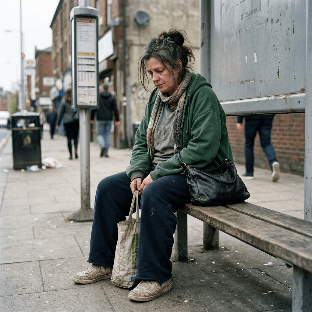 Woman wearing green jacket and scarf sitting on a bus stop bench holding tote bag