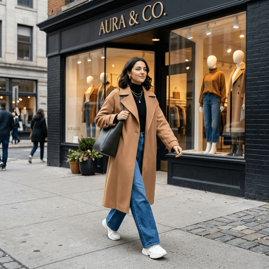 Woman wearing camel coat, black top, blue jeans, and white sneakers walking on city sidewalk