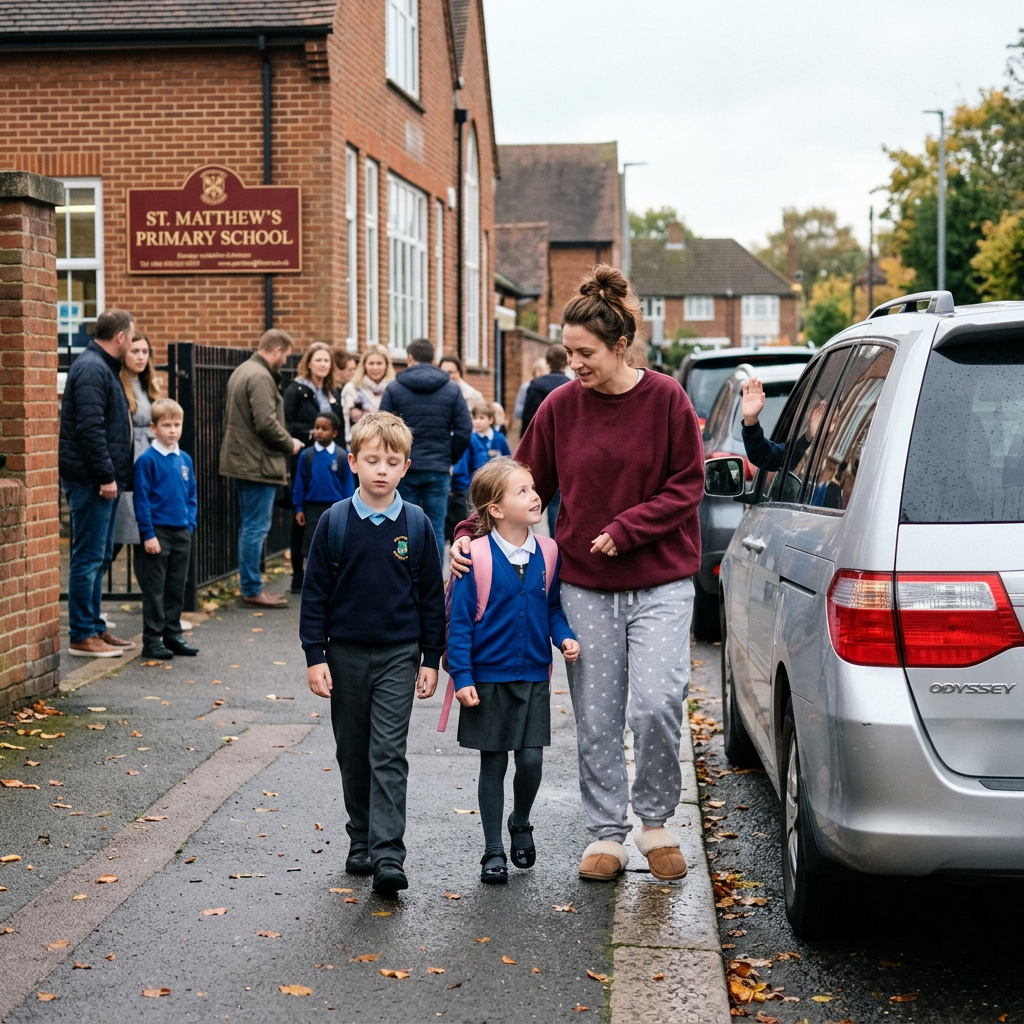 Mother walking two children in school uniforms along sidewalk by school building and parked cars