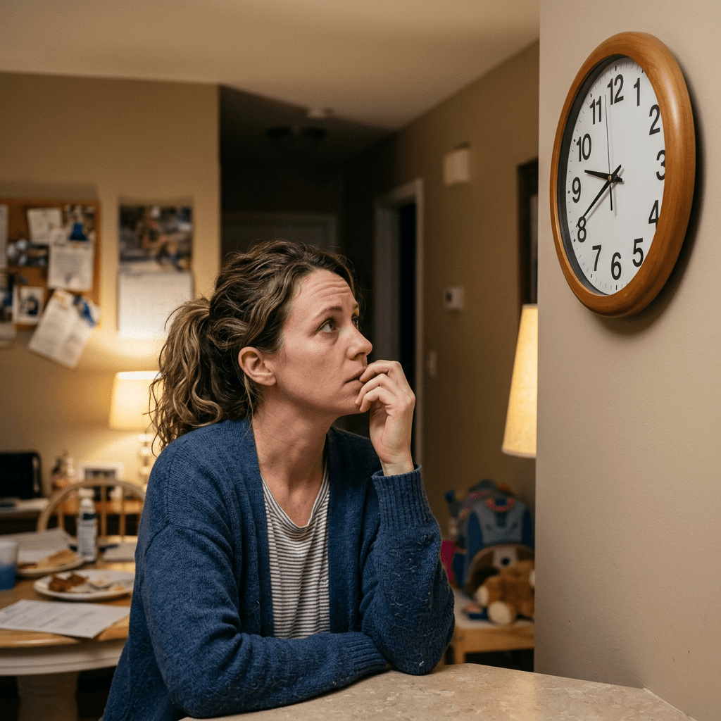 Woman sitting at a counter looking at a wall clock showing 8:45