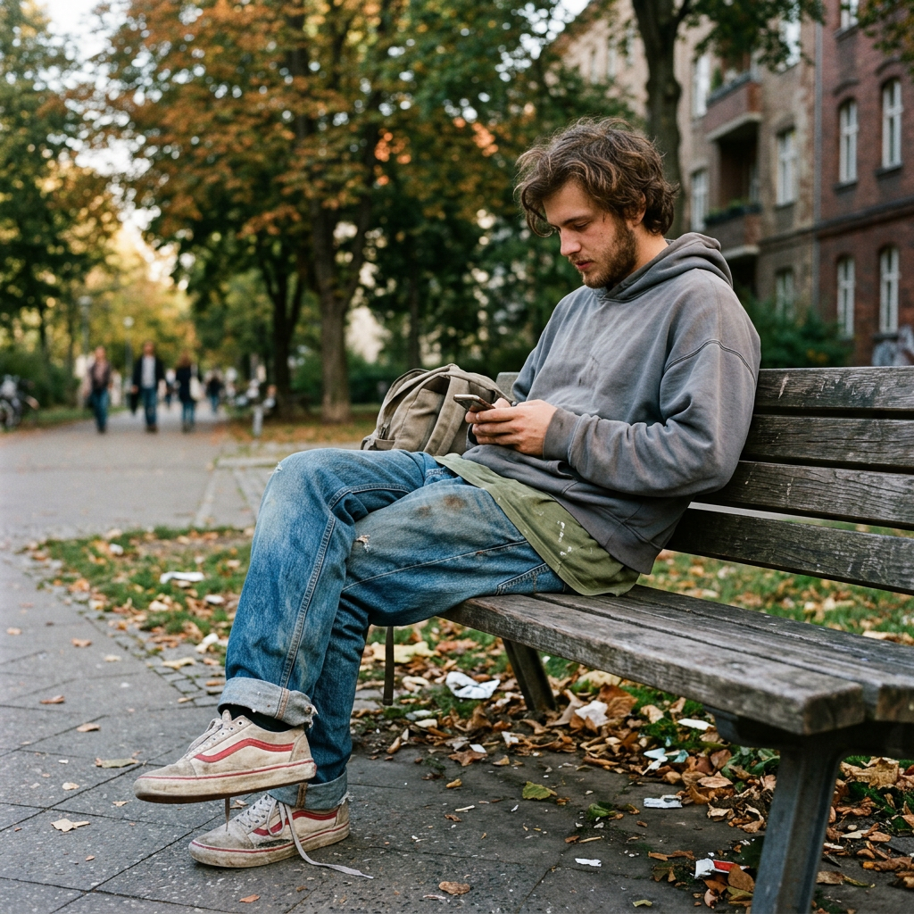 Young man sitting on wooden bench in park using smartphone