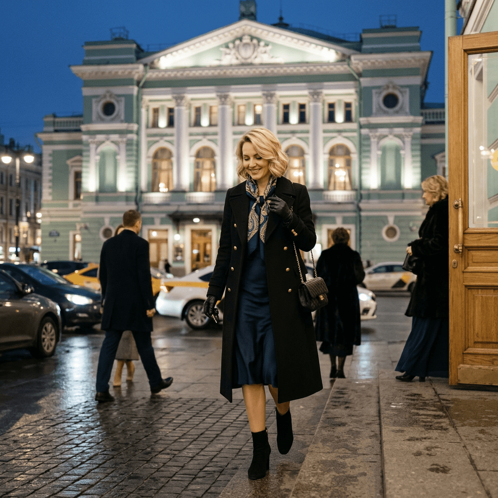 Woman in black coat and gloves walking outside a historic lit building in the evening