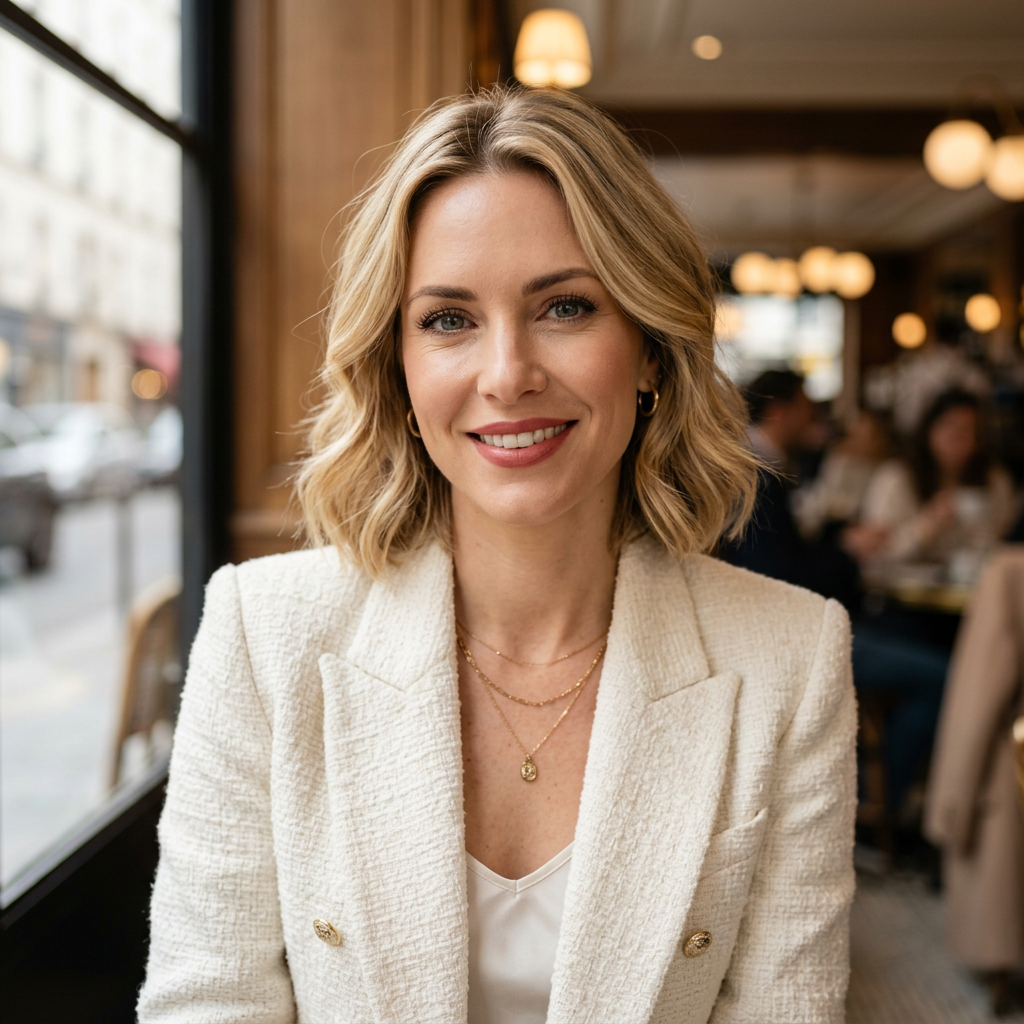 Smiling woman with blonde hair wearing a white blazer and gold jewelry in a café
