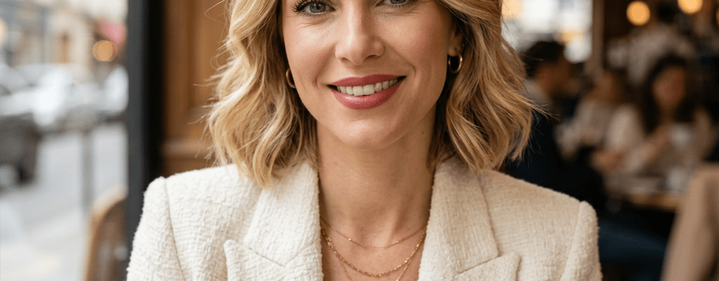 Smiling woman with blonde hair wearing a white blazer and gold jewelry in a café