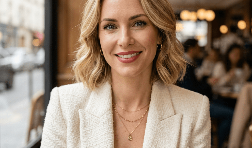 Smiling woman with blonde hair wearing a white blazer and gold jewelry in a café