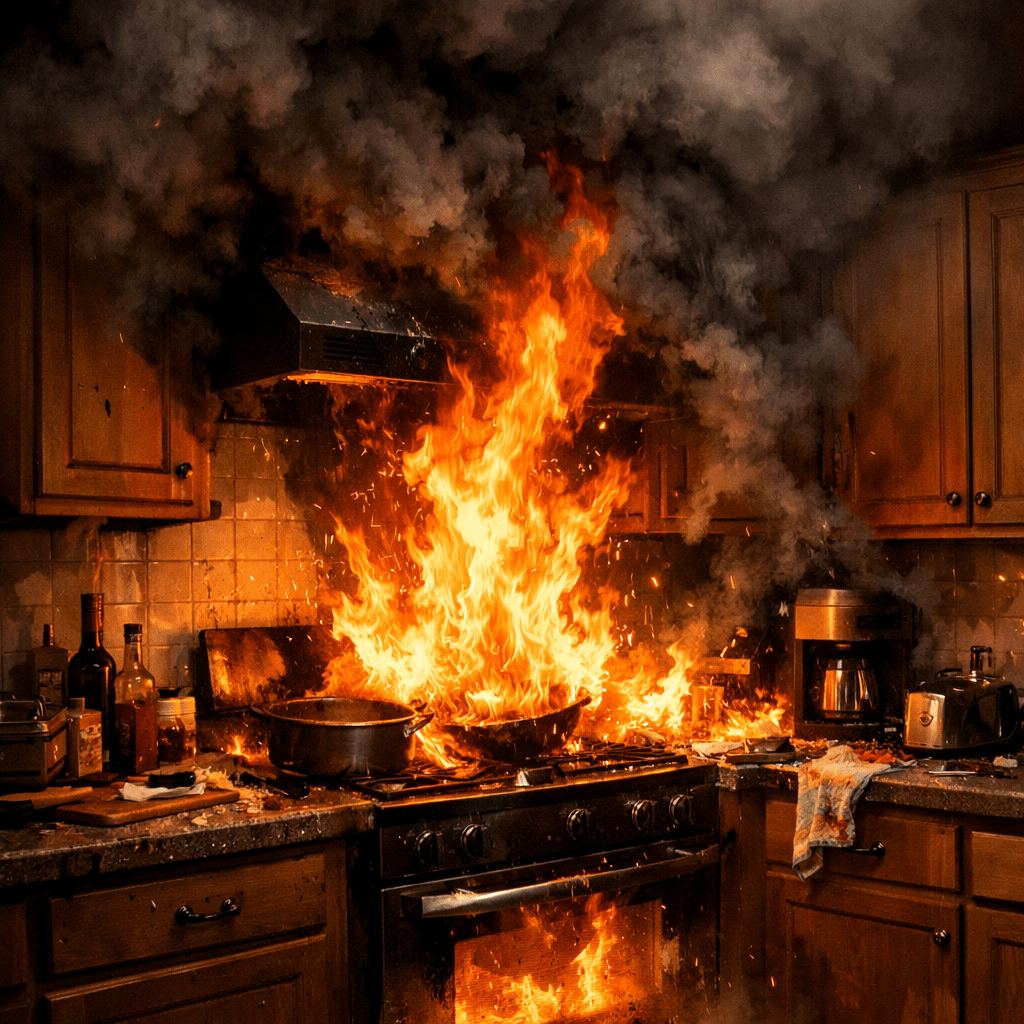 Fire blazing on kitchen stove with pots and smoke