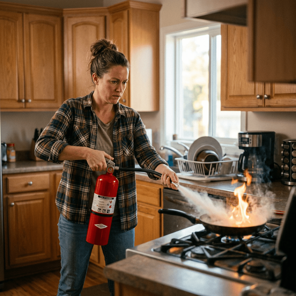Woman extinguishing flames on stove with fire extinguisher in kitchen