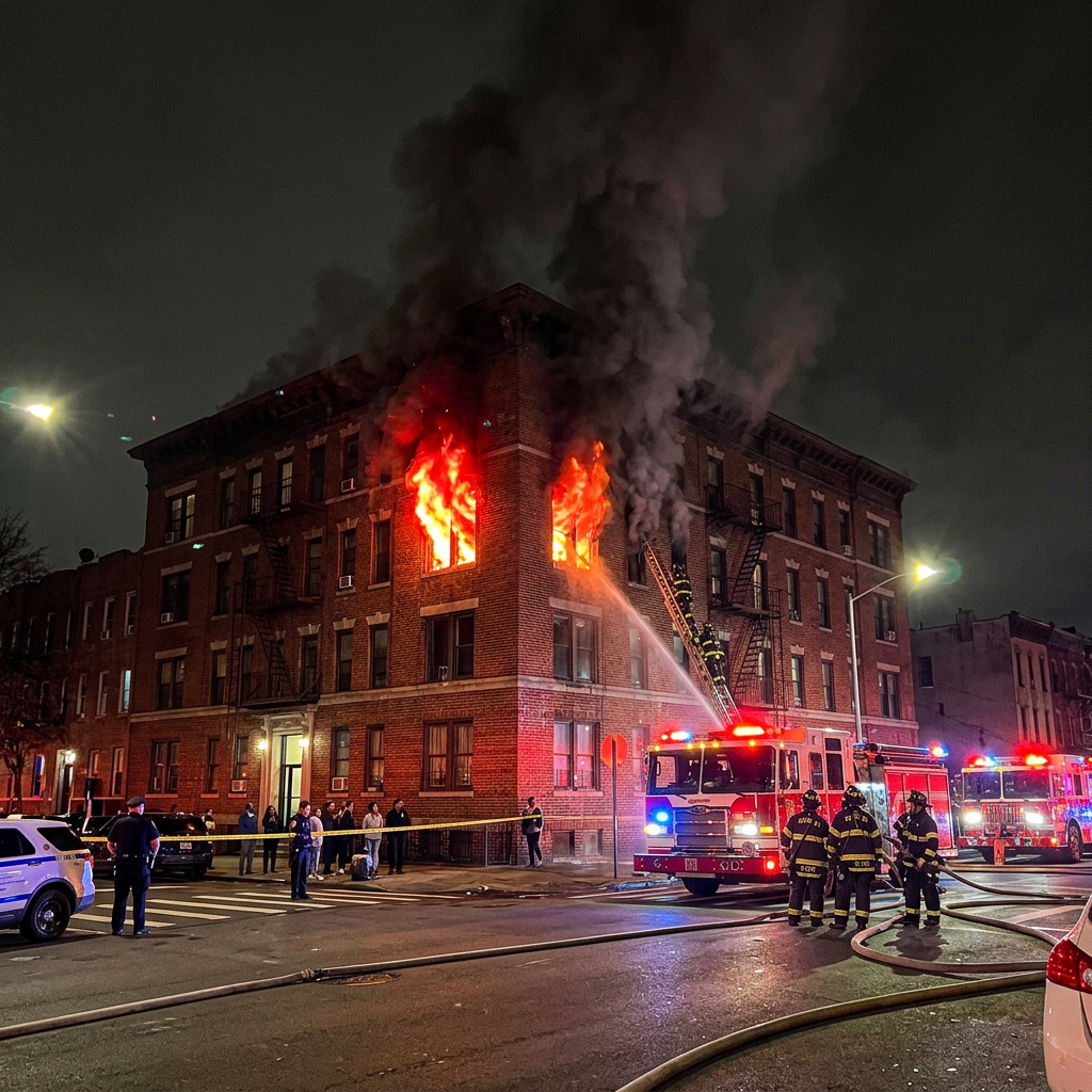 Firefighters spraying water into flames engulfing upper corner apartment with heavy smoke