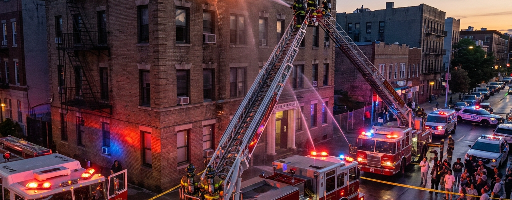 Firefighters spraying water on a fire engulfing the top floor of a brick apartment building