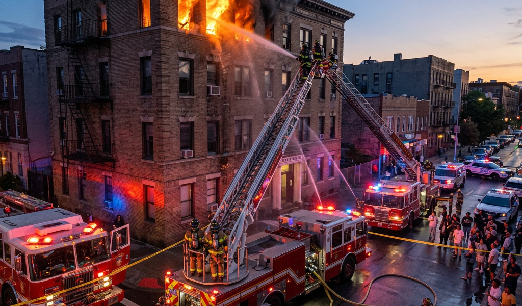 Firefighters spraying water on a fire engulfing the top floor of a brick apartment building