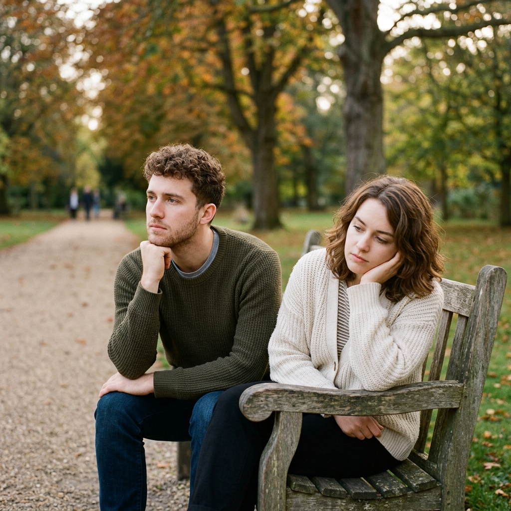 Young man and woman sitting on a park bench looking away with thoughtful expressions