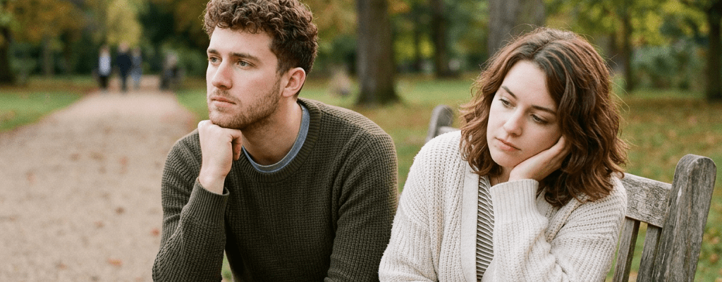 Young man and woman sitting on a park bench looking away with thoughtful expressions