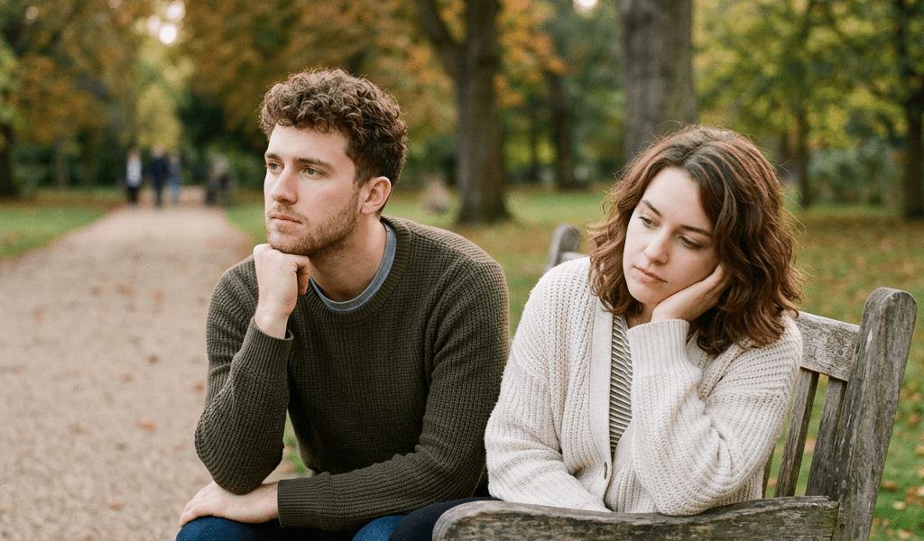 Young man and woman sitting on a park bench looking away with thoughtful expressions
