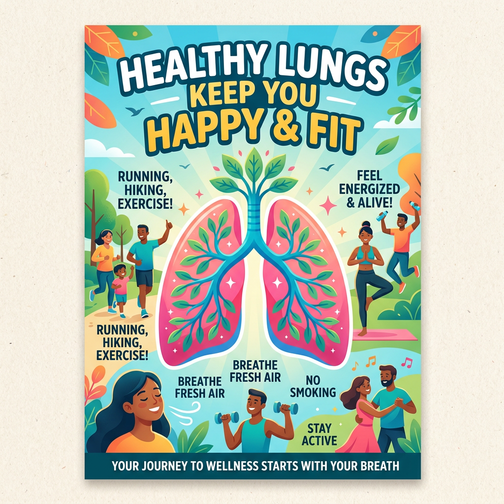 Illustration of healthy lungs surrounded by people running, exercising, meditating, and dancing with text promoting fresh air, no smoking, and staying active