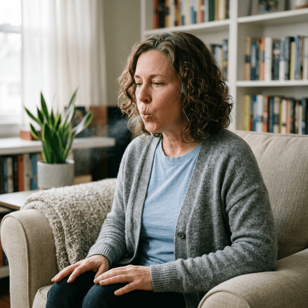 Middle-aged woman seated on couch exhaling slowly for relaxation