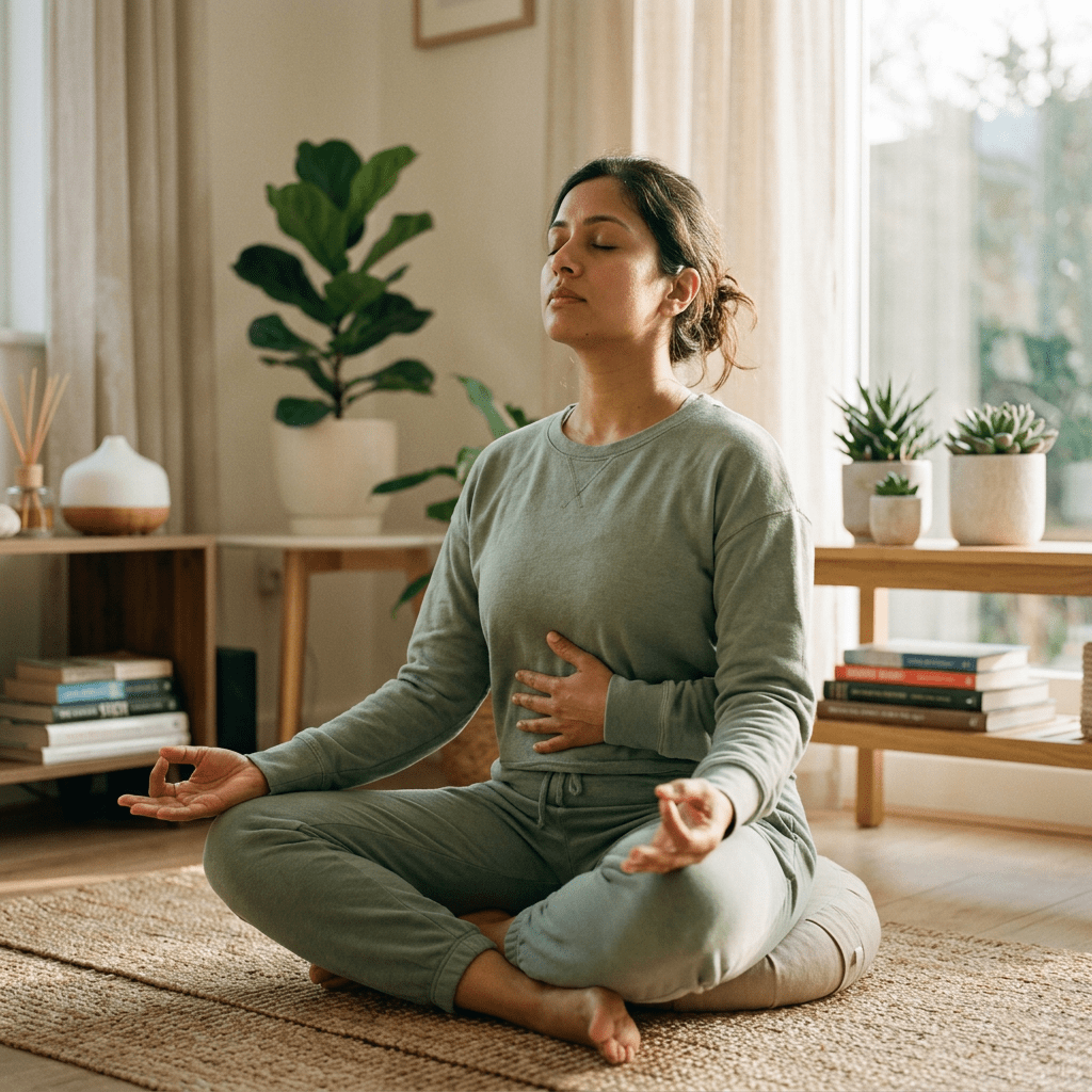 Person seated practicing breathing exercises