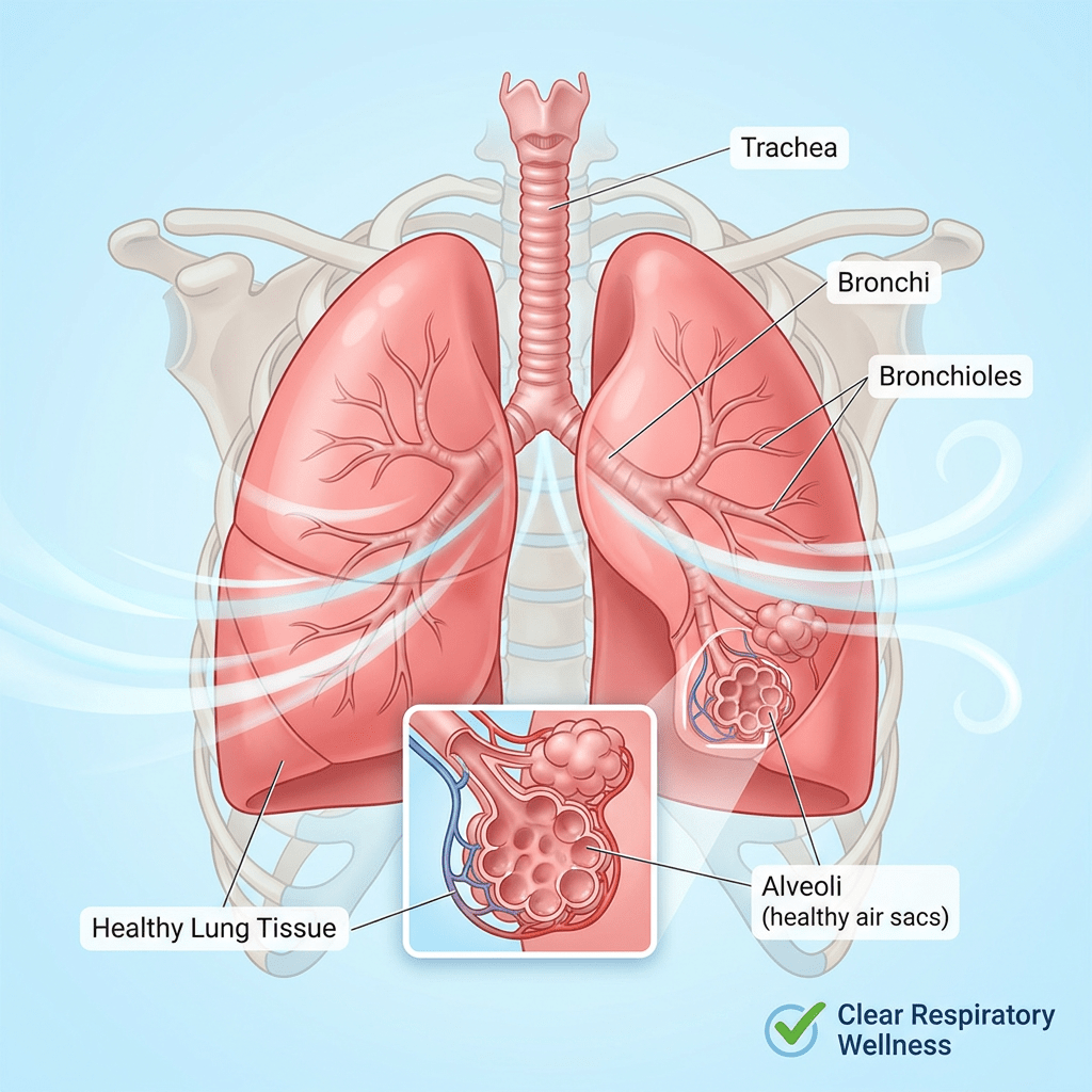 Diagram of healthy lungs showing trachea, bronchi, bronchioles, alveoli, and lung tissue