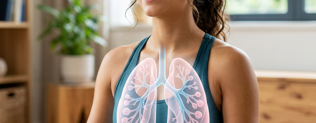 Woman seated cross-legged practicing deep breathing with illustrated lungs visible on her chest