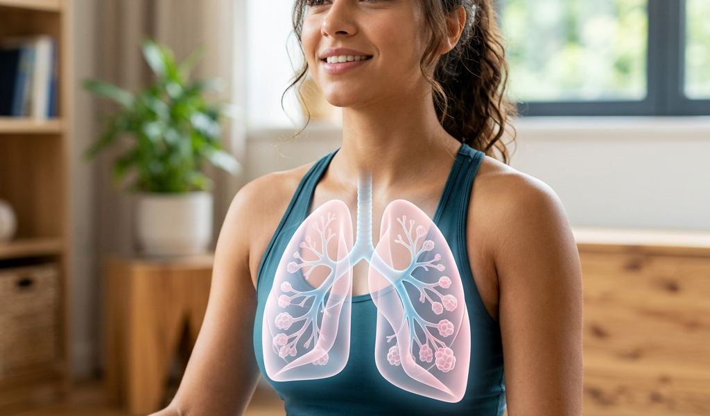Woman seated cross-legged practicing deep breathing with illustrated lungs visible on her chest